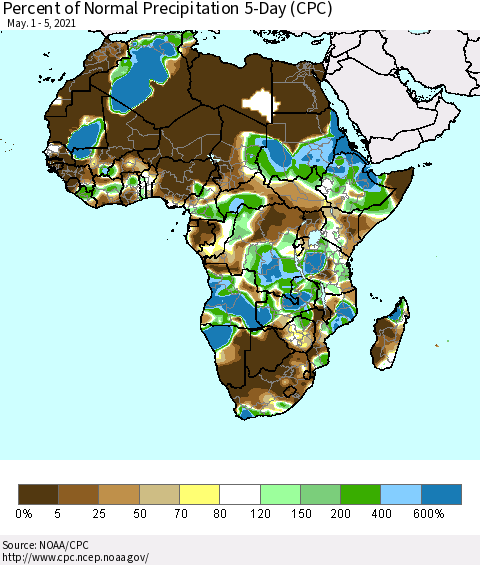 Africa Percent of Normal Precipitation 5-Day (CPC) Thematic Map For 5/1/2021 - 5/5/2021