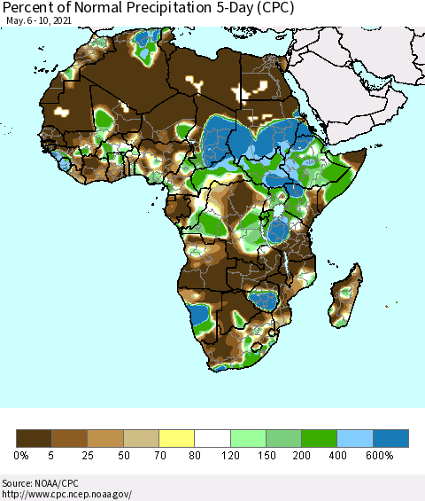Africa Percent of Normal Precipitation 5-Day (CPC) Thematic Map For 5/6/2021 - 5/10/2021