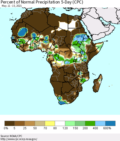 Africa Percent of Normal Precipitation 5-Day (CPC) Thematic Map For 5/11/2021 - 5/15/2021