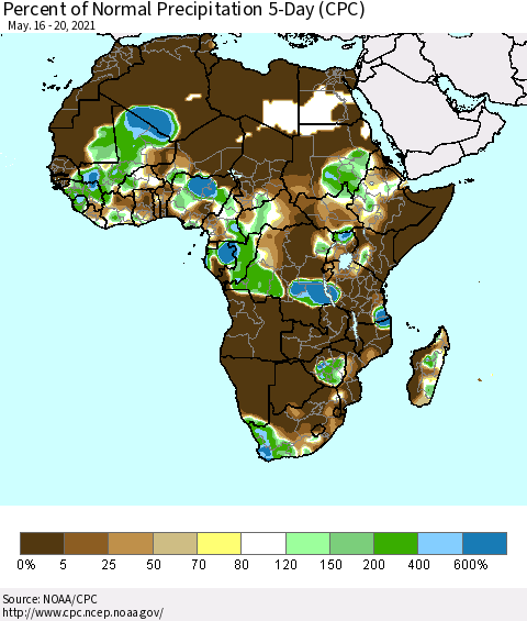 Africa Percent of Normal Precipitation 5-Day (CPC) Thematic Map For 5/16/2021 - 5/20/2021