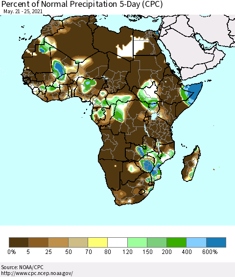 Africa Percent of Normal Precipitation 5-Day (CPC) Thematic Map For 5/21/2021 - 5/25/2021