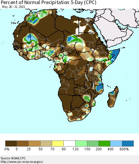 Africa Percent of Normal Precipitation 5-Day (CPC) Thematic Map For 5/26/2021 - 5/31/2021
