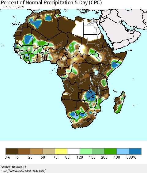 Africa Percent of Normal Precipitation 5-Day (CPC) Thematic Map For 6/6/2021 - 6/10/2021