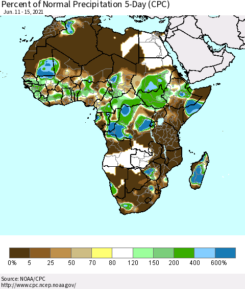 Africa Percent of Normal Precipitation 5-Day (CPC) Thematic Map For 6/11/2021 - 6/15/2021