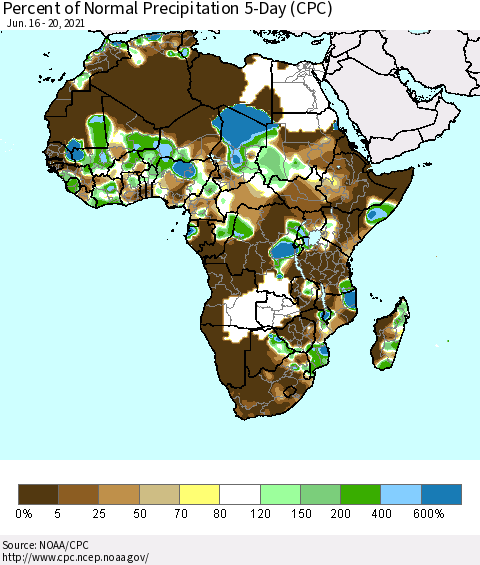 Africa Percent of Normal Precipitation 5-Day (CPC) Thematic Map For 6/16/2021 - 6/20/2021