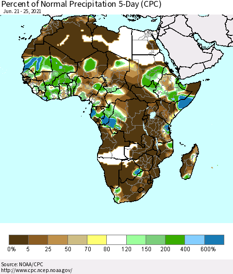Africa Percent of Normal Precipitation 5-Day (CPC) Thematic Map For 6/21/2021 - 6/25/2021