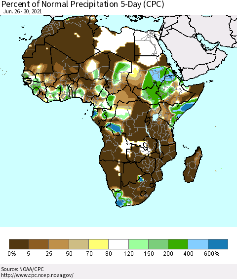 Africa Percent of Normal Precipitation 5-Day (CPC) Thematic Map For 6/26/2021 - 6/30/2021