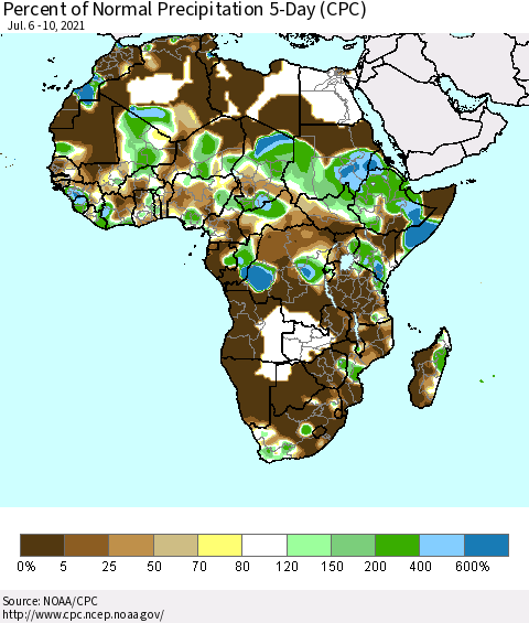 Africa Percent of Normal Precipitation 5-Day (CPC) Thematic Map For 7/6/2021 - 7/10/2021