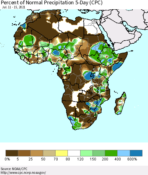 Africa Percent of Normal Precipitation 5-Day (CPC) Thematic Map For 7/11/2021 - 7/15/2021