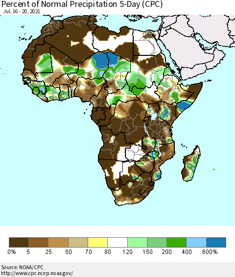 Africa Percent of Normal Precipitation 5-Day (CPC) Thematic Map For 7/16/2021 - 7/20/2021