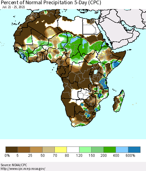 Africa Percent of Normal Precipitation 5-Day (CPC) Thematic Map For 7/21/2021 - 7/25/2021