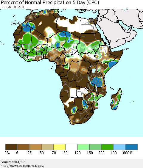 Africa Percent of Normal Precipitation 5-Day (CPC) Thematic Map For 7/26/2021 - 7/31/2021