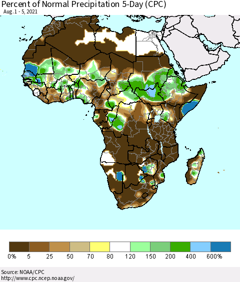 Africa Percent of Normal Precipitation 5-Day (CPC) Thematic Map For 8/1/2021 - 8/5/2021