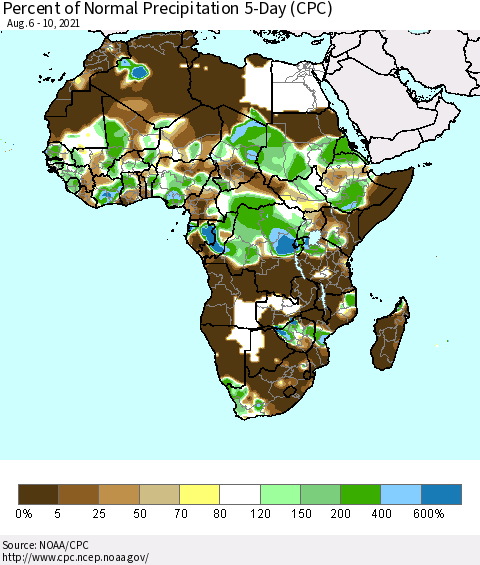 Africa Percent of Normal Precipitation 5-Day (CPC) Thematic Map For 8/6/2021 - 8/10/2021
