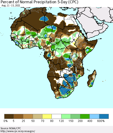 Africa Percent of Normal Precipitation 5-Day (CPC) Thematic Map For 8/11/2021 - 8/15/2021