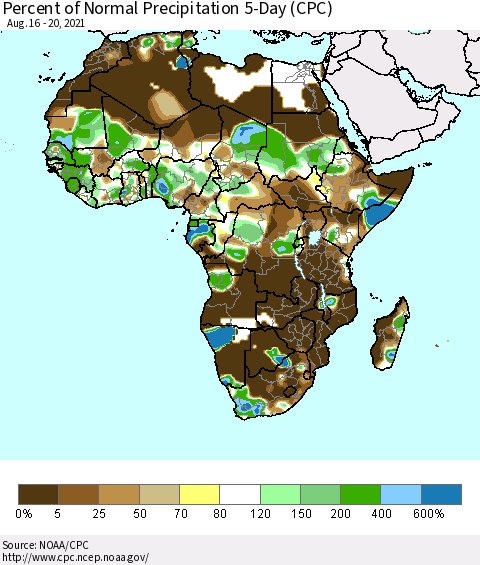 Africa Percent of Normal Precipitation 5-Day (CPC) Thematic Map For 8/16/2021 - 8/20/2021
