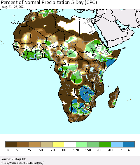 Africa Percent of Normal Precipitation 5-Day (CPC) Thematic Map For 8/21/2021 - 8/25/2021