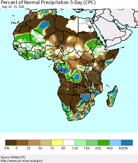 Africa Percent of Normal Precipitation 5-Day (CPC) Thematic Map For 8/26/2021 - 8/31/2021