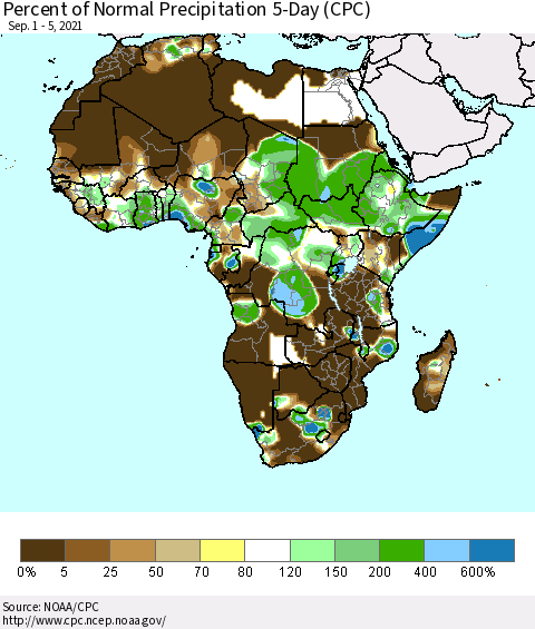 Africa Percent of Normal Precipitation 5-Day (CPC) Thematic Map For 9/1/2021 - 9/5/2021