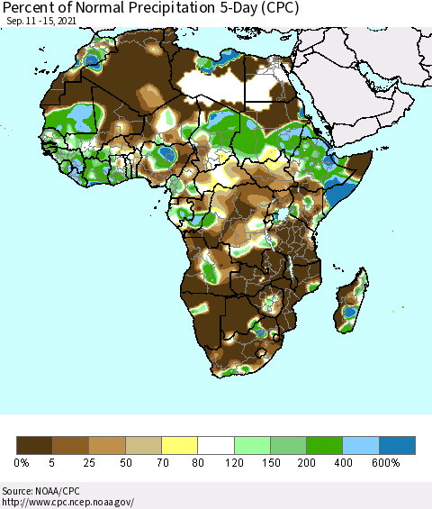Africa Percent of Normal Precipitation 5-Day (CPC) Thematic Map For 9/11/2021 - 9/15/2021