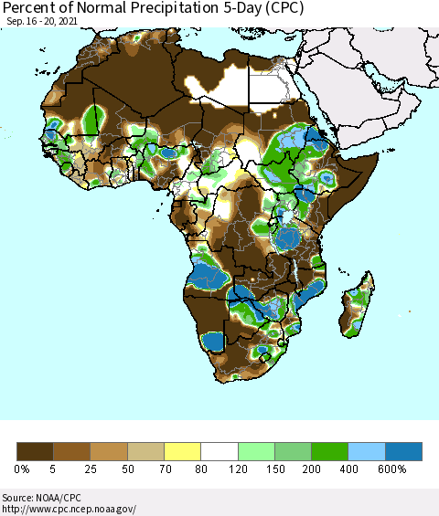 Africa Percent of Normal Precipitation 5-Day (CPC) Thematic Map For 9/16/2021 - 9/20/2021