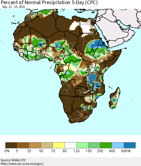 Africa Percent of Normal Precipitation 5-Day (CPC) Thematic Map For 9/21/2021 - 9/25/2021