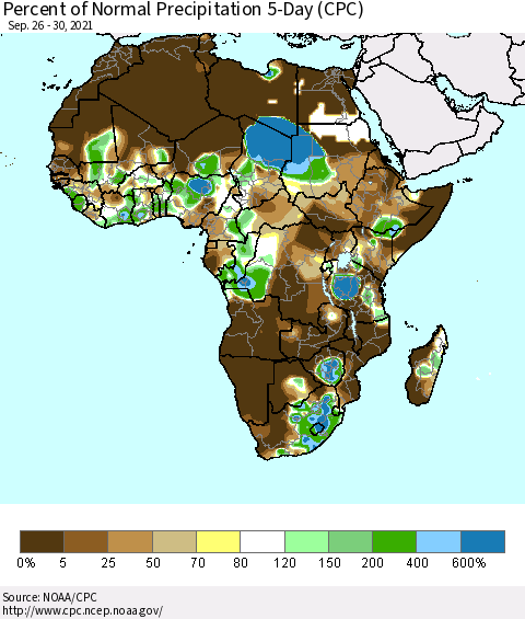 Africa Percent of Normal Precipitation 5-Day (CPC) Thematic Map For 9/26/2021 - 9/30/2021