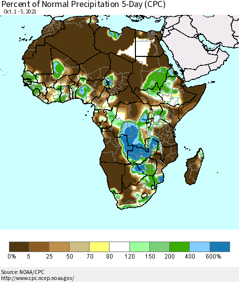 Africa Percent of Normal Precipitation 5-Day (CPC) Thematic Map For 10/1/2021 - 10/5/2021