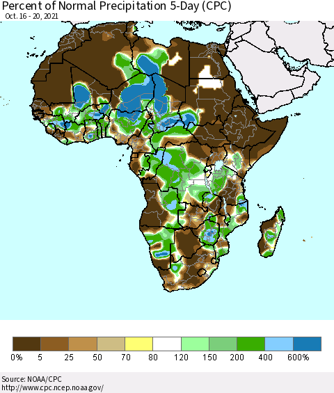 Africa Percent of Normal Precipitation 5-Day (CPC) Thematic Map For 10/16/2021 - 10/20/2021