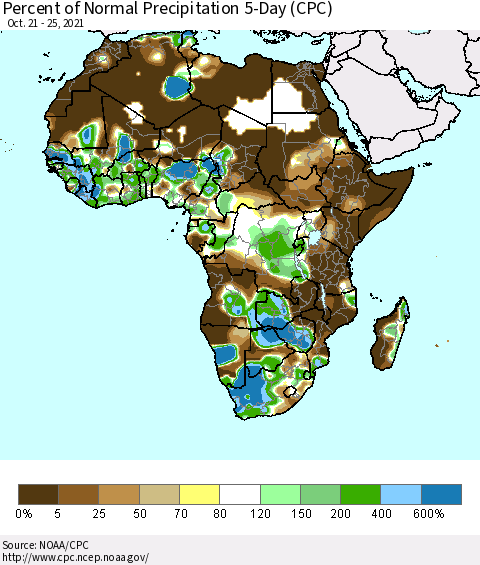 Africa Percent of Normal Precipitation 5-Day (CPC) Thematic Map For 10/21/2021 - 10/25/2021