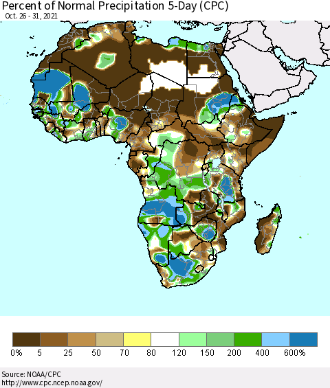 Africa Percent of Normal Precipitation 5-Day (CPC) Thematic Map For 10/26/2021 - 10/31/2021