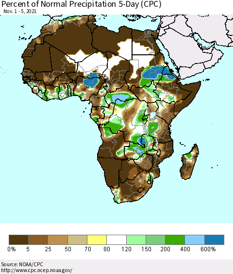 Africa Percent of Normal Precipitation 5-Day (CPC) Thematic Map For 11/1/2021 - 11/5/2021