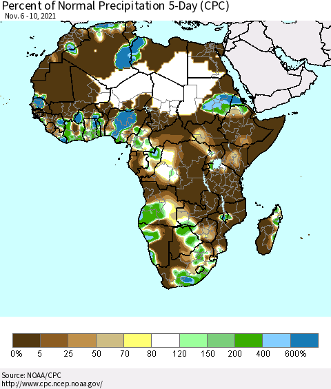 Africa Percent of Normal Precipitation 5-Day (CPC) Thematic Map For 11/6/2021 - 11/10/2021