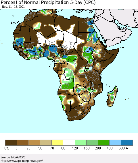 Africa Percent of Normal Precipitation 5-Day (CPC) Thematic Map For 11/11/2021 - 11/15/2021