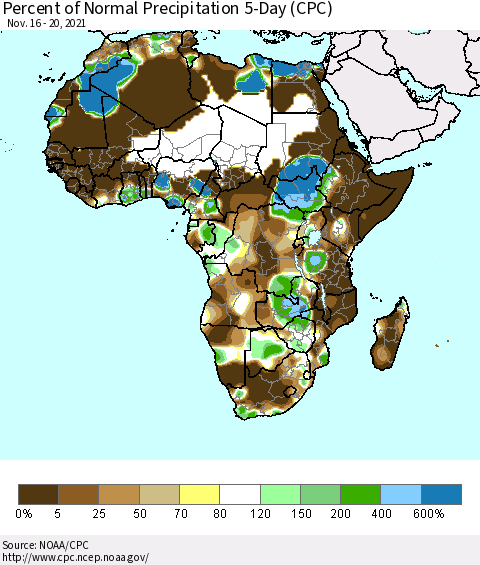 Africa Percent of Normal Precipitation 5-Day (CPC) Thematic Map For 11/16/2021 - 11/20/2021