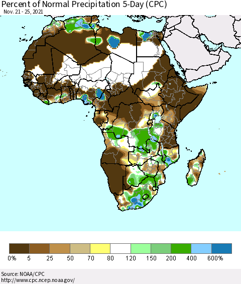 Africa Percent of Normal Precipitation 5-Day (CPC) Thematic Map For 11/21/2021 - 11/25/2021