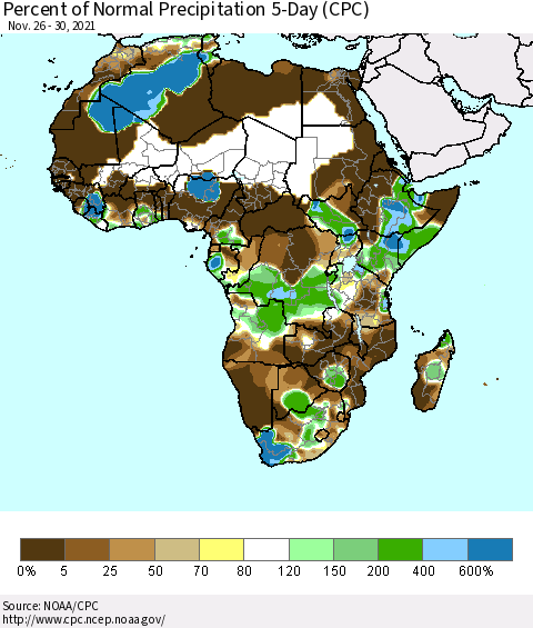 Africa Percent of Normal Precipitation 5-Day (CPC) Thematic Map For 11/26/2021 - 11/30/2021