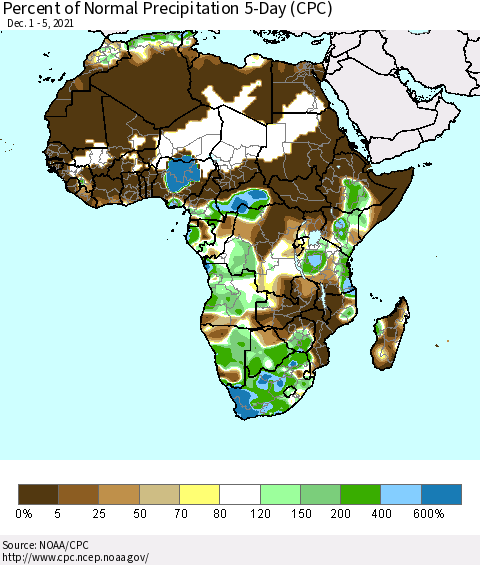 Africa Percent of Normal Precipitation 5-Day (CPC) Thematic Map For 12/1/2021 - 12/5/2021