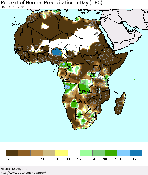 Africa Percent of Normal Precipitation 5-Day (CPC) Thematic Map For 12/6/2021 - 12/10/2021