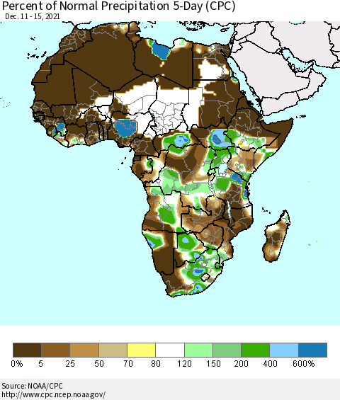 Africa Percent of Normal Precipitation 5-Day (CPC) Thematic Map For 12/11/2021 - 12/15/2021