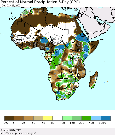 Africa Percent of Normal Precipitation 5-Day (CPC) Thematic Map For 12/21/2021 - 12/25/2021