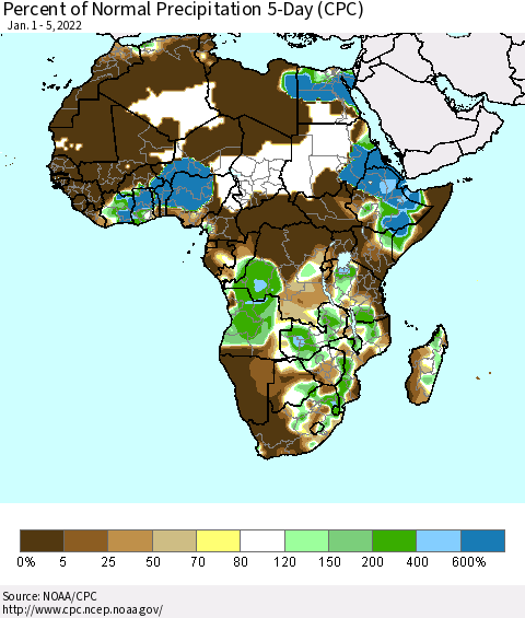 Africa Percent of Normal Precipitation 5-Day (CPC) Thematic Map For 1/1/2022 - 1/5/2022