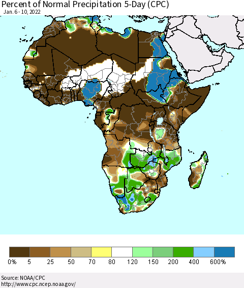 Africa Percent of Normal Precipitation 5-Day (CPC) Thematic Map For 1/6/2022 - 1/10/2022