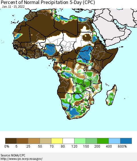 Africa Percent of Normal Precipitation 5-Day (CPC) Thematic Map For 1/11/2022 - 1/15/2022