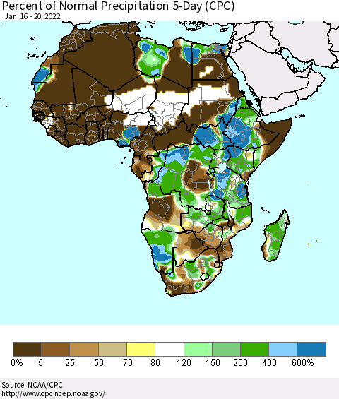 Africa Percent of Normal Precipitation 5-Day (CPC) Thematic Map For 1/16/2022 - 1/20/2022