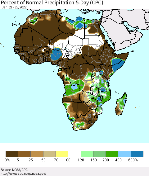 Africa Percent of Normal Precipitation 5-Day (CPC) Thematic Map For 1/21/2022 - 1/25/2022