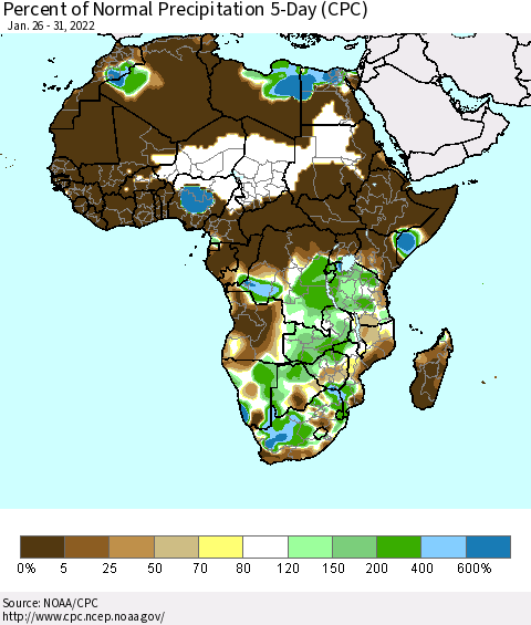 Africa Percent of Normal Precipitation 5-Day (CPC) Thematic Map For 1/26/2022 - 1/31/2022