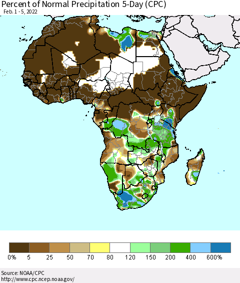 Africa Percent of Normal Precipitation 5-Day (CPC) Thematic Map For 2/1/2022 - 2/5/2022