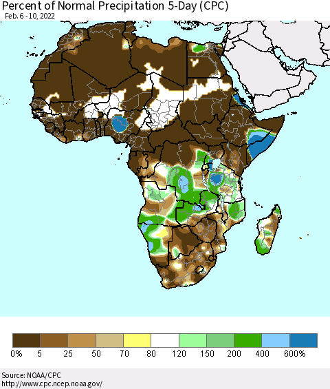 Africa Percent of Normal Precipitation 5-Day (CPC) Thematic Map For 2/6/2022 - 2/10/2022