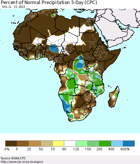 Africa Percent of Normal Precipitation 5-Day (CPC) Thematic Map For 2/11/2022 - 2/15/2022